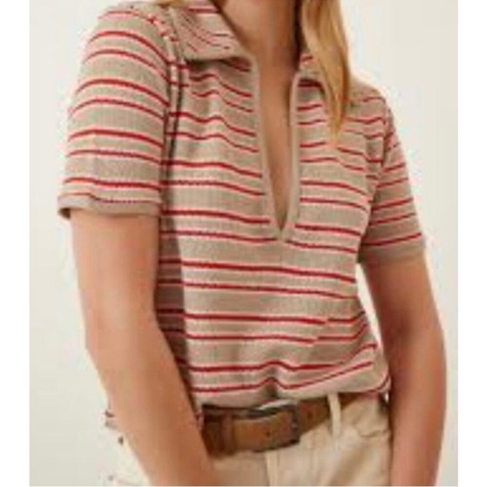 Zara Retro Striped V-Neck Short Sleeve Top - Picture 2 of 5